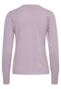 Pulover lung cu maneci lila, textură ribbed, decolteu tip crew, siluetă ajustată, material neted și culoare uniformă. Fără embellishements suplimentare.
