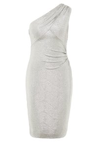 Srebrna sukienka na jedno ramię, dopasowany krój, marszczona faktura, gładka tkanina, długość do połowy uda, minimalistyczny styl, brak widocznych zapięć.