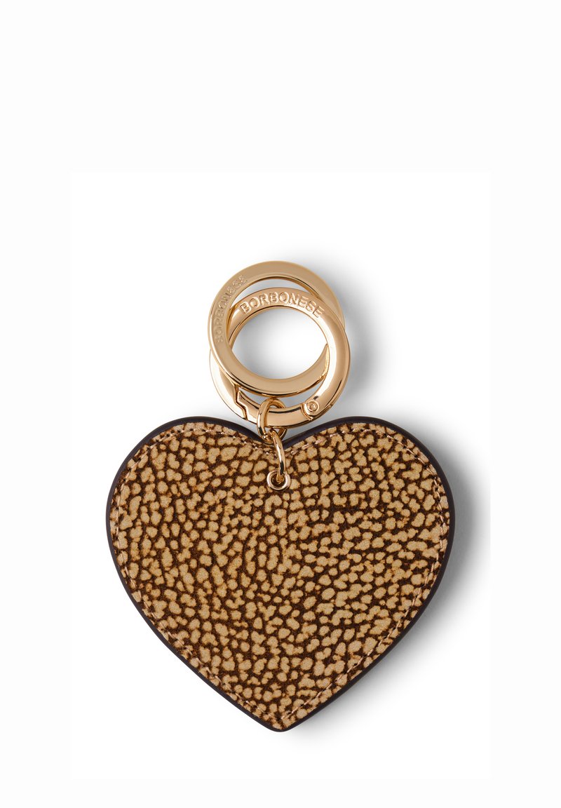 Heart-shaped keychain in textured brown leather with beige speckles and dark brown edges. Features a gold metal ring with brand engraving.