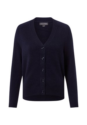 Marineblauer Cardigan aus weichem Stoff, mit tiefem V-Ausschnitt, Knopfverschluss vorne und gerippten Bündchen und Saum.