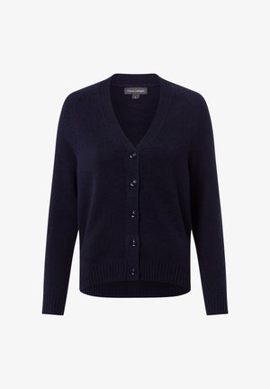 Marineblauer Cardigan aus weichem Stoff, mit tiefem V-Ausschnitt, Knopfverschluss vorne und gerippten Bündchen und Saum.