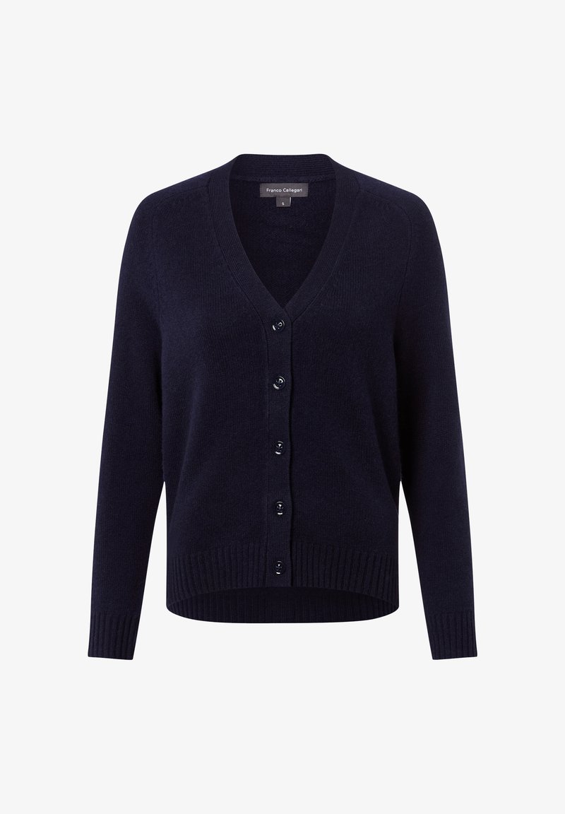 Granatowy kardigan z miękkiego materiału, z głębokim dekoltem w kształcie V, zapinany na guziki z przodu oraz z prążkowanymi mankietami i dołem.