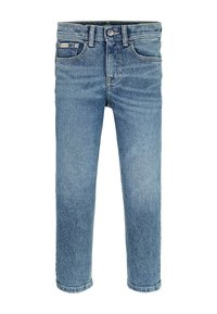 Jeans in denim blu chiaro con design a gamba dritta, cinque tasche e chiusura con bottone. Il tessuto presenta una leggera scoloritura e schiariture.