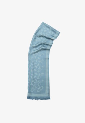 Light blue scarf made of soft fabric, featuring a pattern of interlocking circles, with frayed ends and a narrow border design.