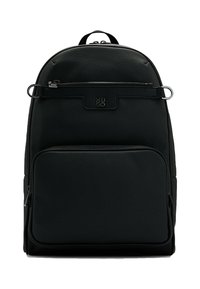 Black leather backpack featuring a textured finish, zippered compartments, and a front pocket with branding detail.