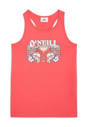 Korallefarbenes Tanktop mit Rundhalsausschnitt und dünnen Trägern. Verfügt über ein grafisches Design mit Blumen und Sonne. Aus Baumwolle mit einer glatten Textur gefertigt.