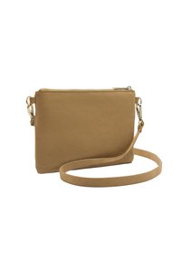 Torebka crossbody w kolorze tan, wykonana z zamszu, z zamknięciem na zamek błyskawiczny, regulowanym paskiem i minimalistycznym designem. Teksturowana powierzchnia bez widocznych akcentów sprzętowych.