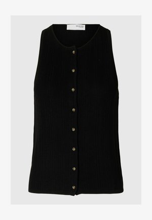 Schwarzes geripptes ärmelloses Oberteil mit rundem Halsausschnitt, das goldene Knöpfe an der Vorderseite hat. Hergestellt aus einem weichen, strukturierten Stoff.