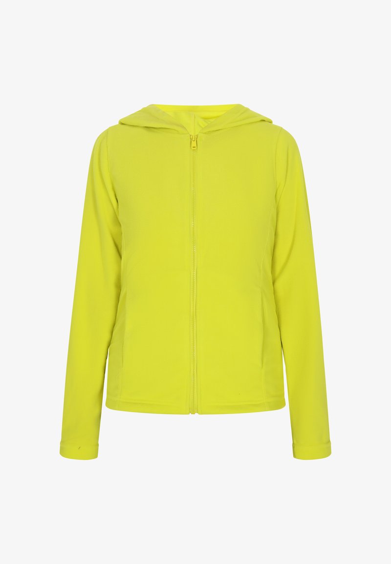 Limoengroene hoodie gemaakt van zachte, lichte stof. Heeft een volledige rits en lange mouwen met manchetaccenten. Geen zichtbare zakken.