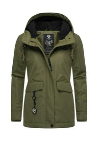 Olive green jacket with a hood, zippered front, two front pockets, and an interior label. Textured detailing on the collar and drawstrings.