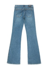 Rozšířené modré džíny z denimu s středním pasem, s dvěma zadními kapsami, značkovou nášivkou na pasu a hladkou texturou.