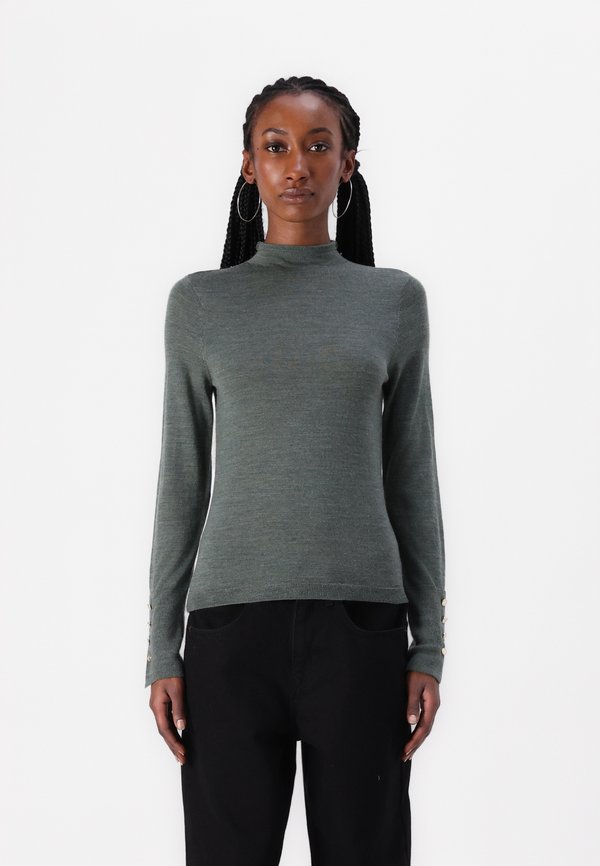 Merino Wool Button Sleeve Mockneck Top - Jumper - pesto