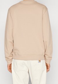 Felpa beige con scollo rotondo e maniche lunghe. Presenta polsini e orlo a costine. Indossata con pantaloni chiari.