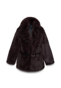 Dunkelbrauner Kunstfellmantel mit großem Kragen und schwarzem Gürtel, flach auf einem weißen Hintergrund präsentiert.