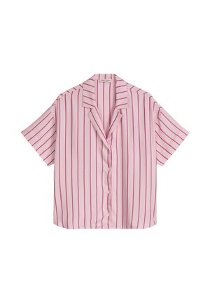Pink short-sleeve button-up shirt with vertical darker pink stripes and a notched collar, laid flat on a white background.