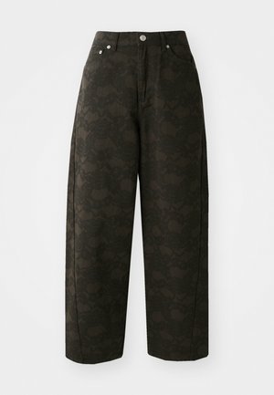 Dark green wide-leg pants feature a textured floral pattern, five-pocket design, and metal button closures at the waist.