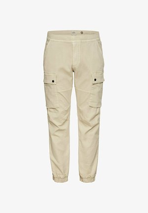 Beige cargo bukser med elastisk talje, to sidelommer og smalle ankler. Lavet af letvægtsstof med sorte trykknapdetaljer.