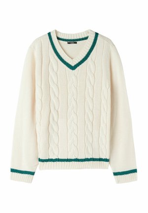 Maglione color crema a maglia intrecciata con scollo a V, strisce verde scuro sul colletto, polsini e orlo, maniche lunghe e trama a coste.