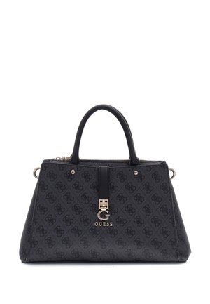 Black patterned handbag with dual top handles, gold logo accent, and zipper closure. Made of textured material with a structured shape.