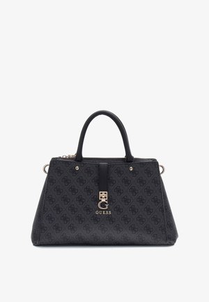 Schwarze Handtasche mit Muster, dualen oberen Traggriffen, goldfarbigem Logoakzent und Reißverschlussverschluss. Hergestellt aus strukturiertem Material mit einer festen Form.