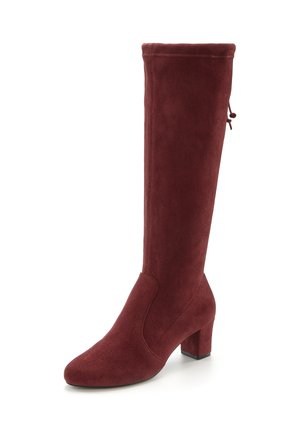 Knee-high burgundy suede boot with a blocked heel, smooth texture, and side elastic panel for ease of wear. Drawstring detail at the top.