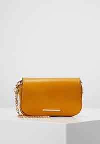 Borsa a tracolla in pelle giallo senape con catena dorata e piccola placca rettangolare dorata sul risvolto anteriore.