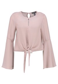 Vaaleanpunainen pitkähihaisen pusero, jossa on pyöreä kaula-aukko avainten paikka yksityiskohdalla, sidottava vyötärö ja levenevät hihat kevyestä kankaasta.