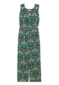 Jumpsuit coloré avec un motif vert et bleu, bretelles réglables, taille élastique et silouhette à jambes larges.