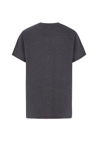 Donkergrijze katoenen t-shirt met korte mouwen, ronde hals en een effen, zachte textuur. De achterkant laat strakke lijnen en een eenvoudig ontwerp zien.