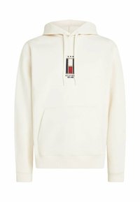 Sudadera crema con bolsillo frontal y capucha con cordón. Presenta un logo bordado multicolor en el pecho. Tejido suave con puños acanalados.