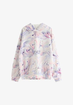 Bluza z kapturem z nadrukiem jednorożca i Pegaza w pastelowych kolorach, z rozpostartymi skrzydłami i powiewającymi grzywami na miękkim, przypominającym chmury tle.