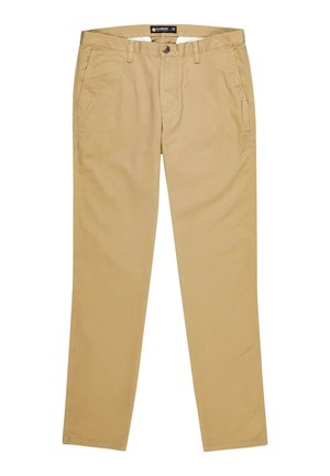 Beige bukser med lige ben, knaplukning, bæltestropper og sidelommer, størrelse 32, lagt fladt på en hvid baggrund.