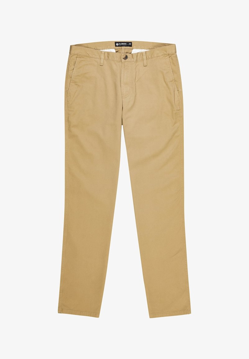 Pantalon beige à coupe droite avec fermeture par bouton, passants de ceinture et poches latérales, taille 32, posé à plat sur un fond blanc.