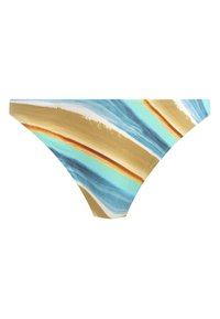 Bikini onderkant met abstracte strepen in blauw, goud en crème. Gemaakt van een zachte stof, met gestikte randen en een lage taille.