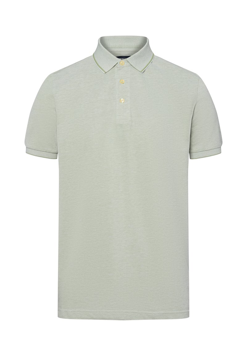 Hellgrünes Poloshirt mit kurzen Ärmeln, Dreiknopf-Leiste, subtil strukturiertem Stoff und kontrastierender Borte am Kragen und an den Ärmeln.