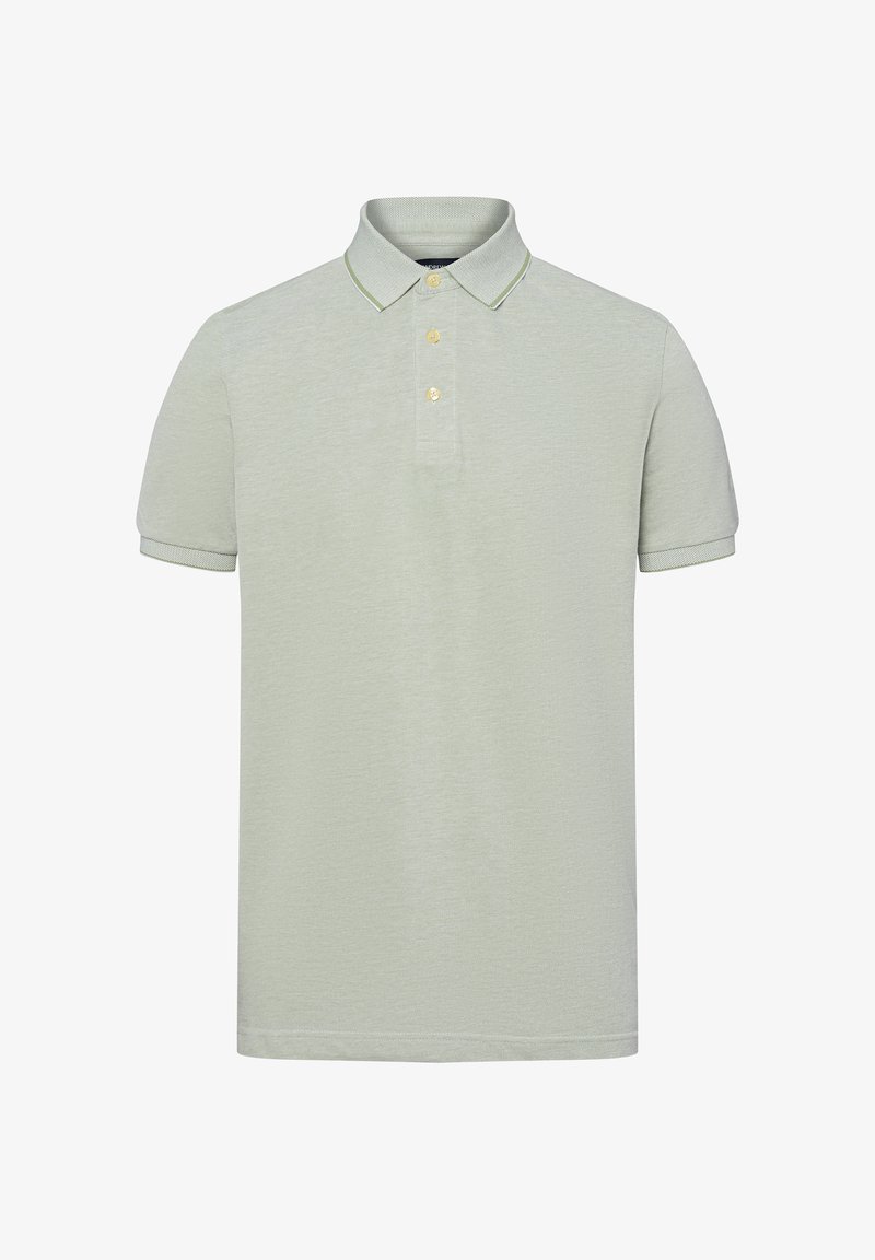 Hellgrünes Poloshirt mit kurzen Ärmeln, Dreiknopf-Leiste, subtil strukturiertem Stoff und kontrastierender Borte am Kragen und an den Ärmeln.