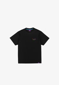 Black cotton t-shirt with short sleeves, featuring a multicolored graphic logo on the chest and a purple tag on the lower side.