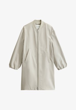 Lichtbeige lange bomberjack met geribbelde kraag, ritssluiting aan de voorkant, schuine zijzakken en elastische manchetten aan de mouwen.
