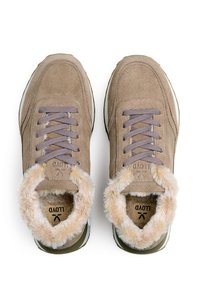 Tan suede sneakers with a soft faux fur collar, gray laces, and a cushioned insole. Rounded toe and white outer sole.