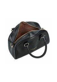 Borsa a tracolla in pelle nera con accessori dorati, forma arrotondata, chiusura con zip, manici superiori doppi e interno in tessuto marrone.