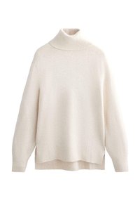 Maglione a collo alto crema, con colletto e polsini a costine, morbido al tatto, vestibilità rilassata, fessure laterali e orlo posteriore leggermente più lungo.