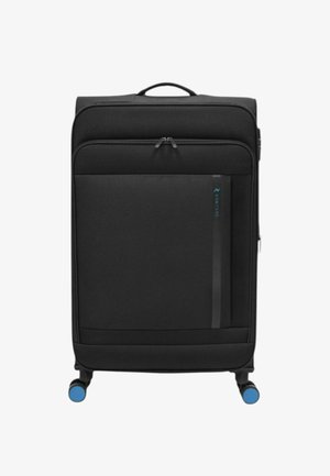 Valigia nera con chiusure a cerniera, superficie texturizzata, tasca frontale e quattro ruote blu per la mobilità. Maniglia robusta sulla parte superiore per il trasporto.