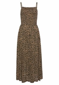 Leopardiprint maxi-mekko, jossa on säädettävät spagettiolkaimet, rypytetty yläosa ja virtaava hame ruskeissa ja mustissa sävyissä. Pehmeä kangas.