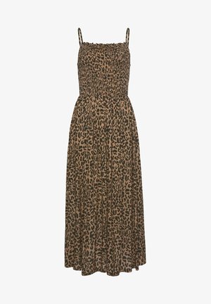 Maxikleid mit Leopardenmuster, verstellbaren Spaghettiträgern, gerafftem Oberteil und einem fließenden Rock in Braun- und Schwarztönen. Weiche Stofftextur.