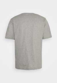 T-shirt gris clair uni à manches courtes vu de dos avec un col rond sur fond blanc.