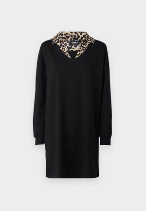 Vestido negro con escote en V y mangas largas, que presenta un cuello de leopardo. Hecho de un tejido suave, tiene una silueta holgada.