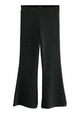Schwarze, ausgestellte Hose aus geripptem Stoff mit metallischen Fasern. Verfügt über einen breiten Bund und eine glatte Textur.