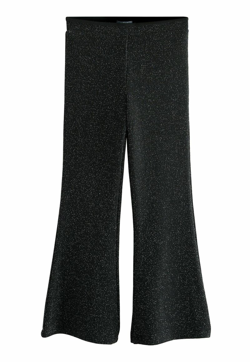 Black flared pants made of ribbed fabric with metallic fibers. Features a wide waistband and a smooth texture.
