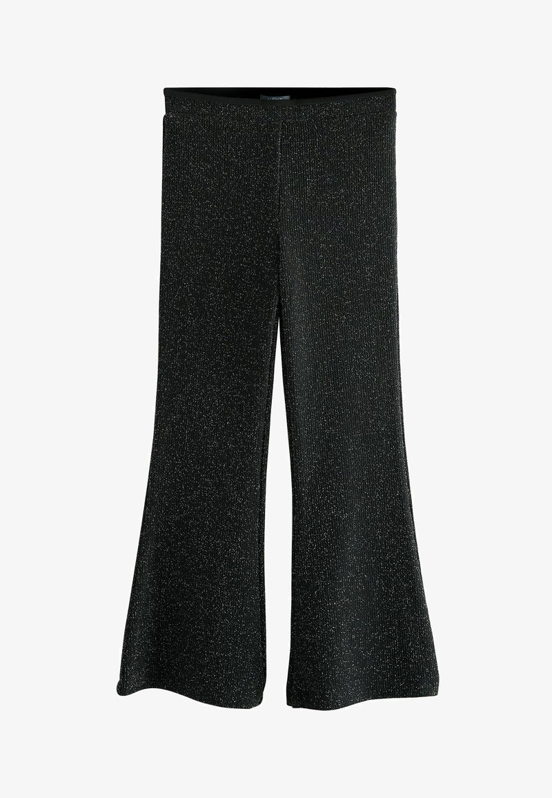 Schwarze, ausgestellte Hose aus geripptem Stoff mit metallischen Fasern. Verfügt über einen breiten Bund und eine glatte Textur.