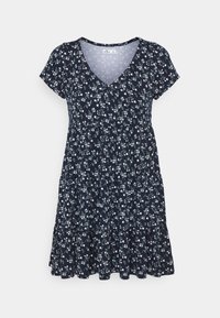 Granatowa sukienka z dekoltem w serek i krótkim rękawem, w biało-zielony, drobny wzór kwiatowy, z marszczonym pasem i panelami spódnicy w warstwach.